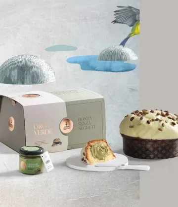 Panettone Fiasconaro Oro Verde mit Pistaziendecke, dazu Pistaziencreme und grün-weiße Schachtel in einem luftigen japanischen Dekor