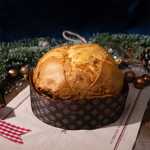 Présentation du Panettone Traditionnel de Milan de 1kg, entouré de décoration festive sur My Little Italy