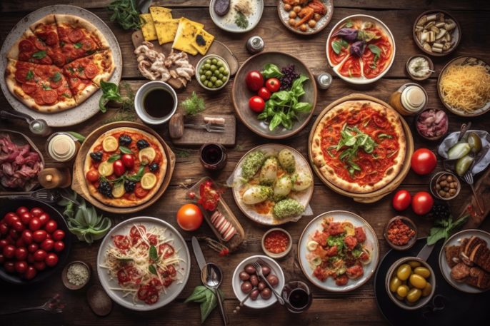 Warme italienische Gerichte - Kompletter Tisch mit italienischen Gerichten auf Tellern Pizza, Pasta, Ravioli, Carpaccio. Caprese-Salat und Bruschetta mit Tomate auf schwarzem Hintergrund. Ansicht von oben.