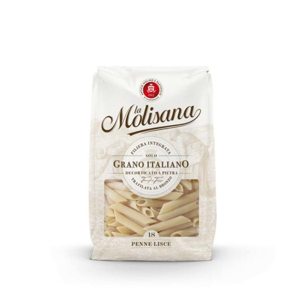 Confezione da 500 g di Penne Lisce N°18 de La Molisana, simbolo della tradizione pasticcera italiana, disponibile presso My Little Italy.