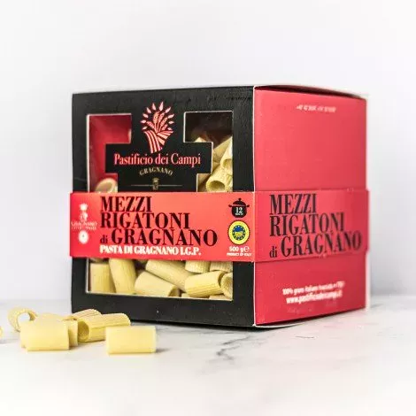 Paquet de 500g de Mezzi Rigatoni di Gragnano IGP, des pâtes artisanales italiennes parfaites pour vos sauces, présentées par My Little Italy.