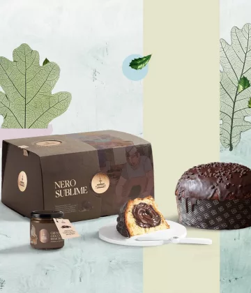 Panettone Fiasconaro Nero Sublime au chocolat noir avec sa crème au café, présenté avec son coffret noir et blanc dans un décor botanique de fougères