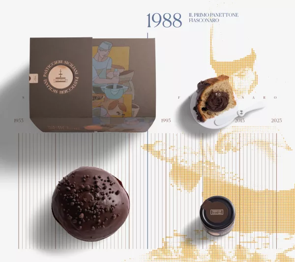 Vue d'ensemble du Panettone Fiasconaro Nero Sublime de My Little Italy, avec son emballage, crème au chocolat sicilien, spatule, et une tranche servie sur une nappe Fiascona