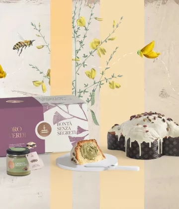 Colombe de Pâques Oro Verde de 1kg, façonné à la main par Fiasconaro présenté avec son pot de pistache et un couteau pour étaler.