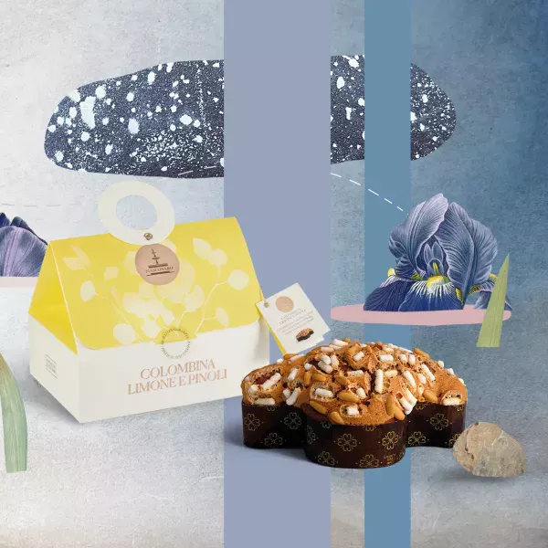 Colomba pasquale al limone e pinoli, presentata in una piccola confezione da 100 g. My Little Italy Disponibile presso .