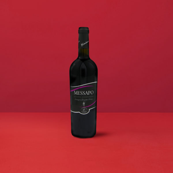 Bouteille de Salento Negroamaro Messapo IGT mettant en avant le rouge rubis et les nuances des vins du Salento