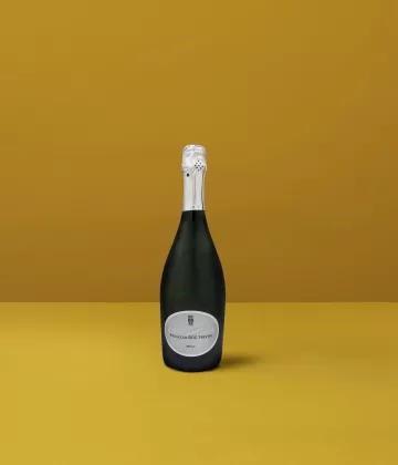 Une bouteille lumineuse de Prosecco Brut Treviso Casabianca DOCG sur fond jaune, incarnant la fraîcheur et l'élégance du vin mousseux italien.
