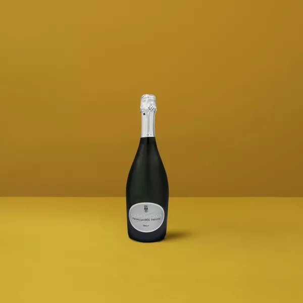 Une bouteille lumineuse de Prosecco Brut Treviso Casabianca DOCG sur fond jaune, incarnant la fraîcheur et l'élégance du vin mousseux italien.