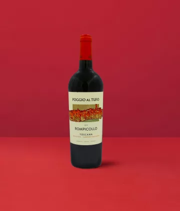 Flasche Poggio al Tufo - Rompicollo Tommasi IGT auf rotem Hintergrund, Symbol für toskanische Qualität