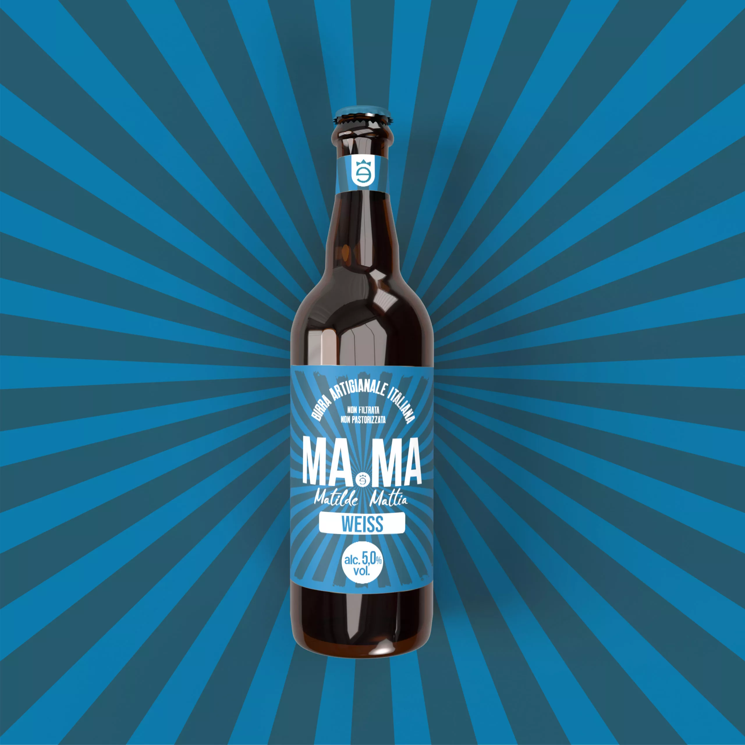 Bouteille de Weiss bière blanche artisanale MaMa sur fond bleu.