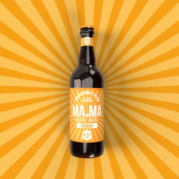 Flasche Chiara Blonde Craft-Bier von MaMa auf gelbem Hintergrund