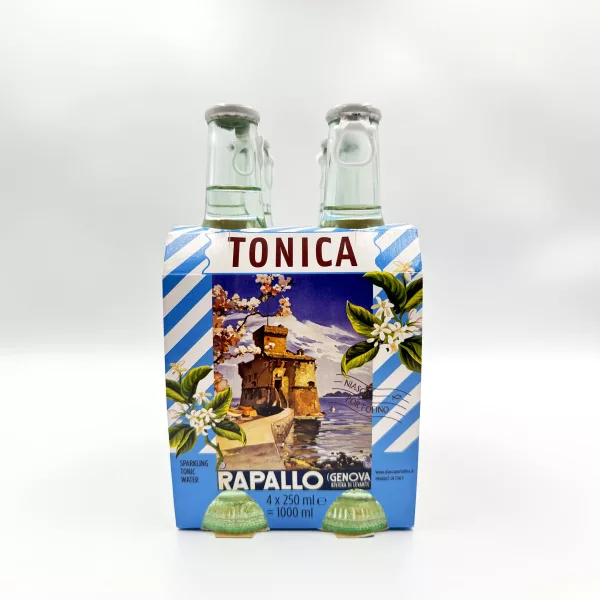 Packung mit 4 Flaschen von Tonica, einem delikaten Getränk von Niasca Portofino auf weißem Hintergrund.