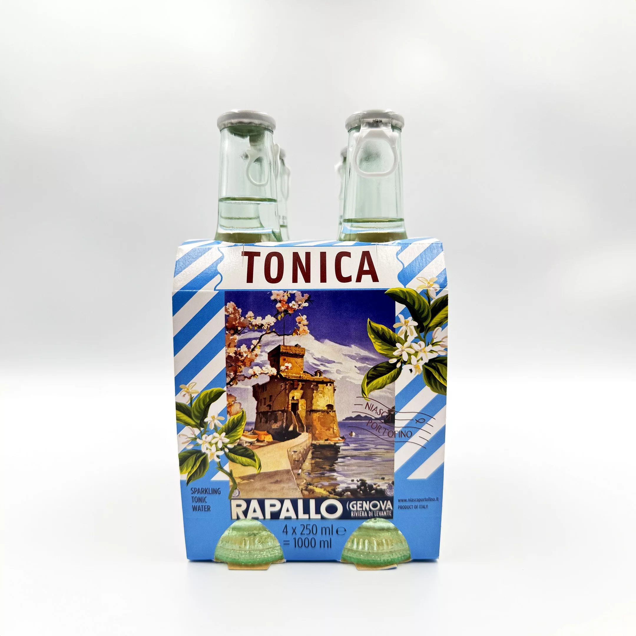 Pack de 4 Bouteilles de Tonica, boisson délicate de Niasca Portofino sur un fond blanc.