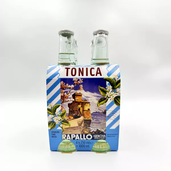 Pack de 4 Bouteilles de Tonica, boisson délicate de Niasca Portofino sur un fond blanc.