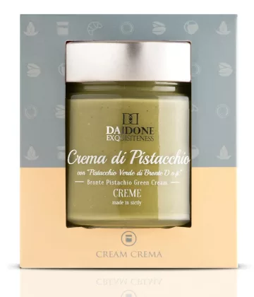 Vasetto di crema di pistacchio verde di Bronte DOP, dalla consistenza morbida e dall'intenso colore verde caratteristico dei pistacchi siciliani. 200g.