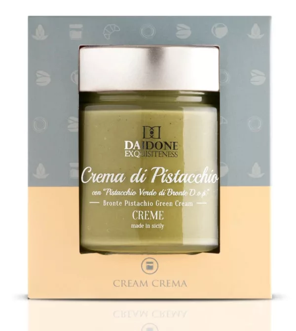 Pot de crème de pistaches vertes de Bronte DOP, montrant une texture onctueuse et une couleur verte intense caractéristique des pistaches siciliennes. 200g.