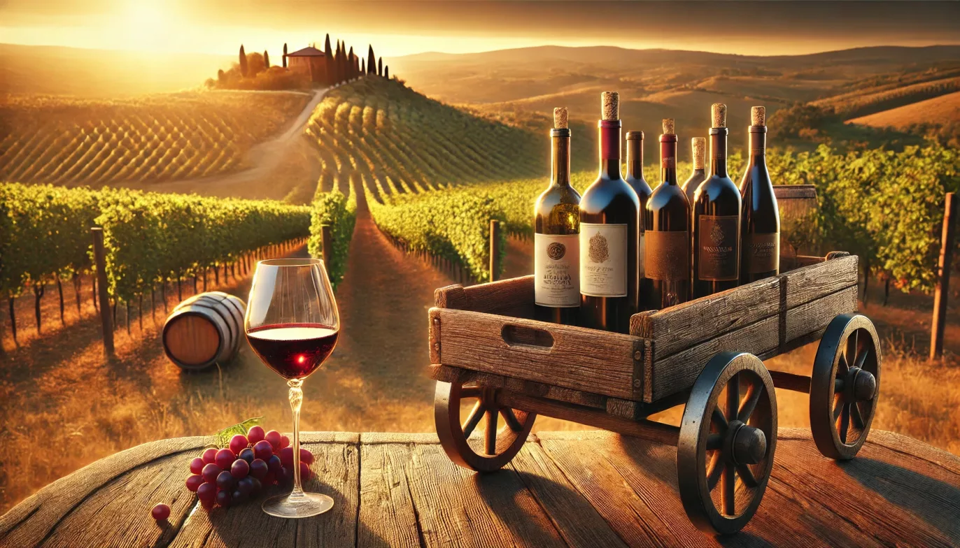 Acheter du vin italien : sélection de grands crus sur une terrasse toscane, avec chariot rustique chargé de bouteilles, verre de dégustation et raisins frais face aux vignobles au coucher du soleil, villa traditionnelle sur la colline.