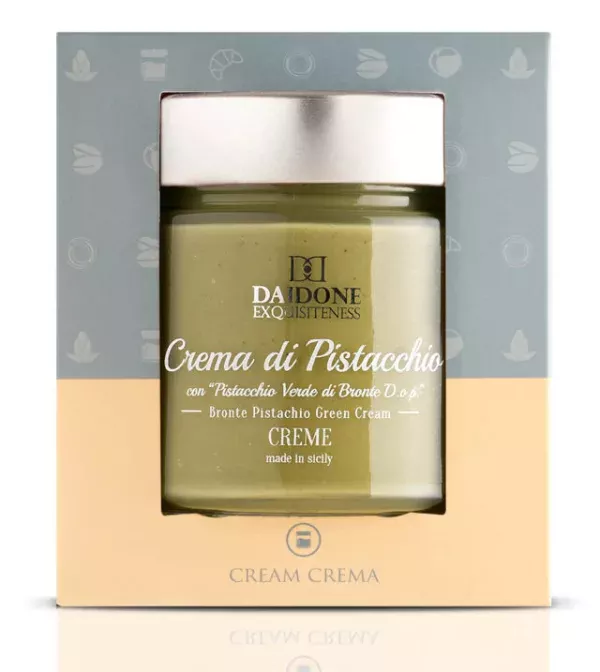 Glas Creme aus grünen Pistazien aus Bronte DOP, zeigt eine cremige Textur und eine intensive grüne Farbe, die für sizilianische Pistazien charakteristisch ist. 200g.