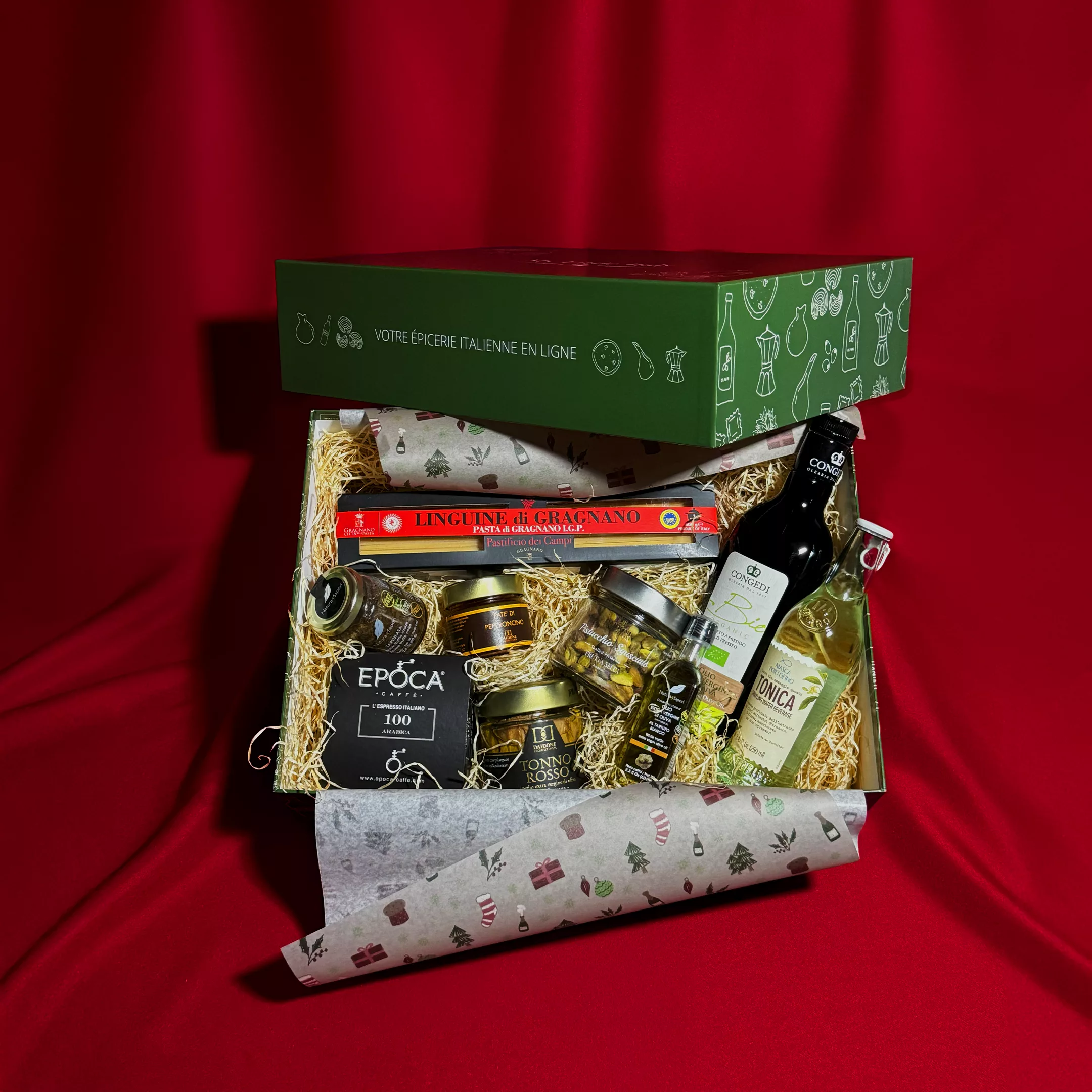 Présentation intérieure du Coffret Cadeau Superiore Sans Alcool révélant ses neuf produits d'exception