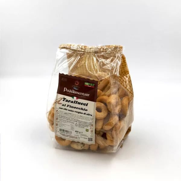 Beutel Tarallini mit Fenchel, Aperitifgebäck aus Apulien mit Finocchio aromatisiert im Format 400g