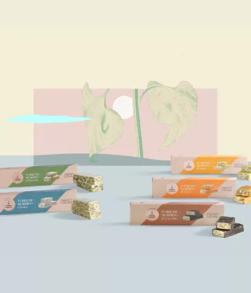 Sizilianischer Torrone Morbido Classico Fiasconaro in eleganter Verpackung, zarter Nougat mit sizilianischen Mandeln und Pistazien